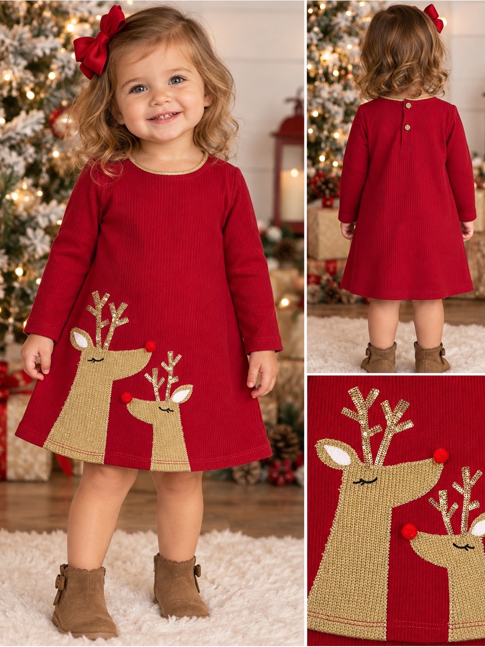 Mud Pie Girls Medium 12-18M Red Christmas Reindeer Appliqué Dress Holiday